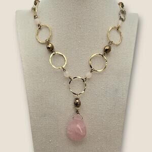 Rose Pink Quartz Teardrop Gold Hammered Link Boho Statement Necklace
